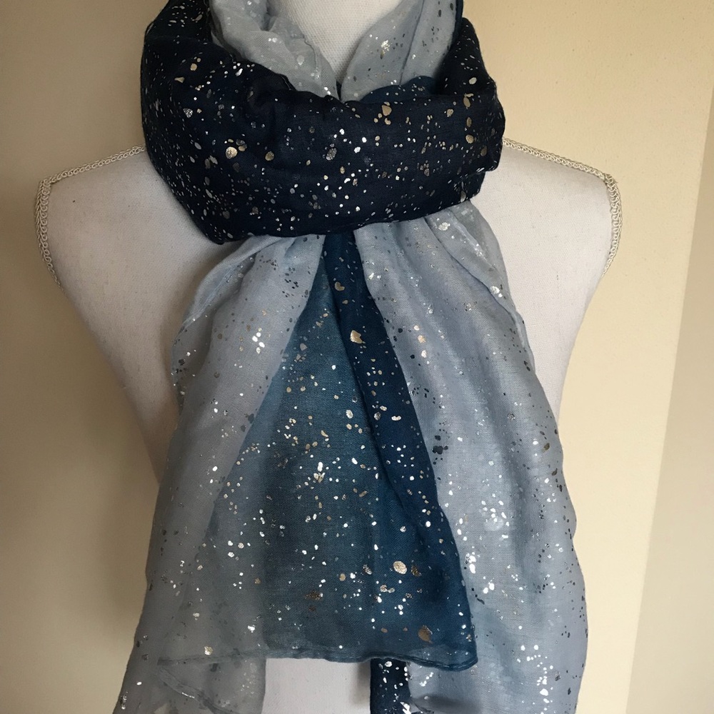 Blue ombré scarf with metallic type specs